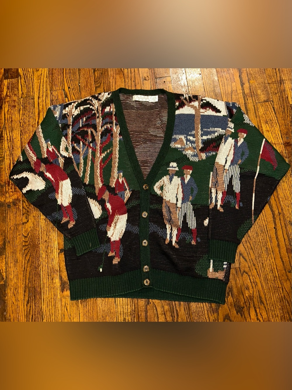 Vintage Men's Patterned Golf Scene Cardigan Sweater